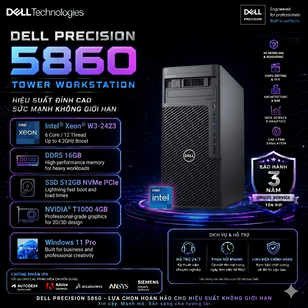 Dell Precision 5860 Tower (Intel Xeon W3-2423/ 16GB/ 512GB SSD PCIe/ NVIDIA T1000 4GB/ Windows 11 Pro